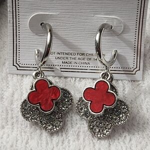 Red and silver double clover mini hoop earrings